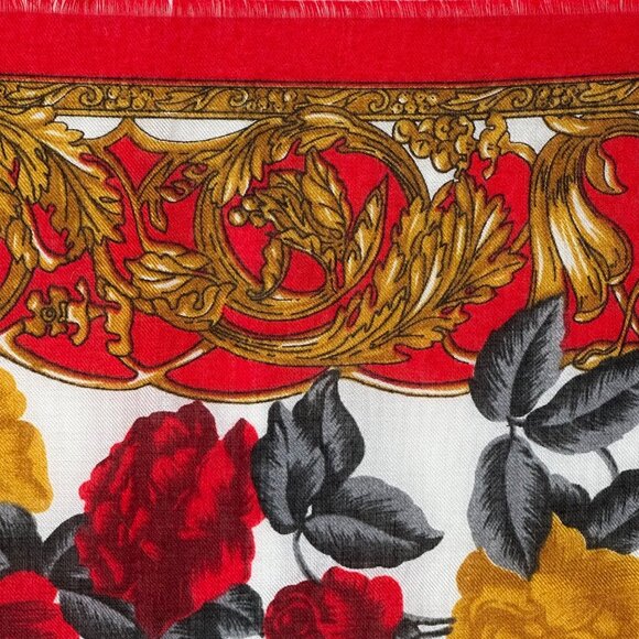 Stunning Vintage Floral Rose Print Scarf 30" Red Yellow Cottage Retro Art - Picture 8 of 9